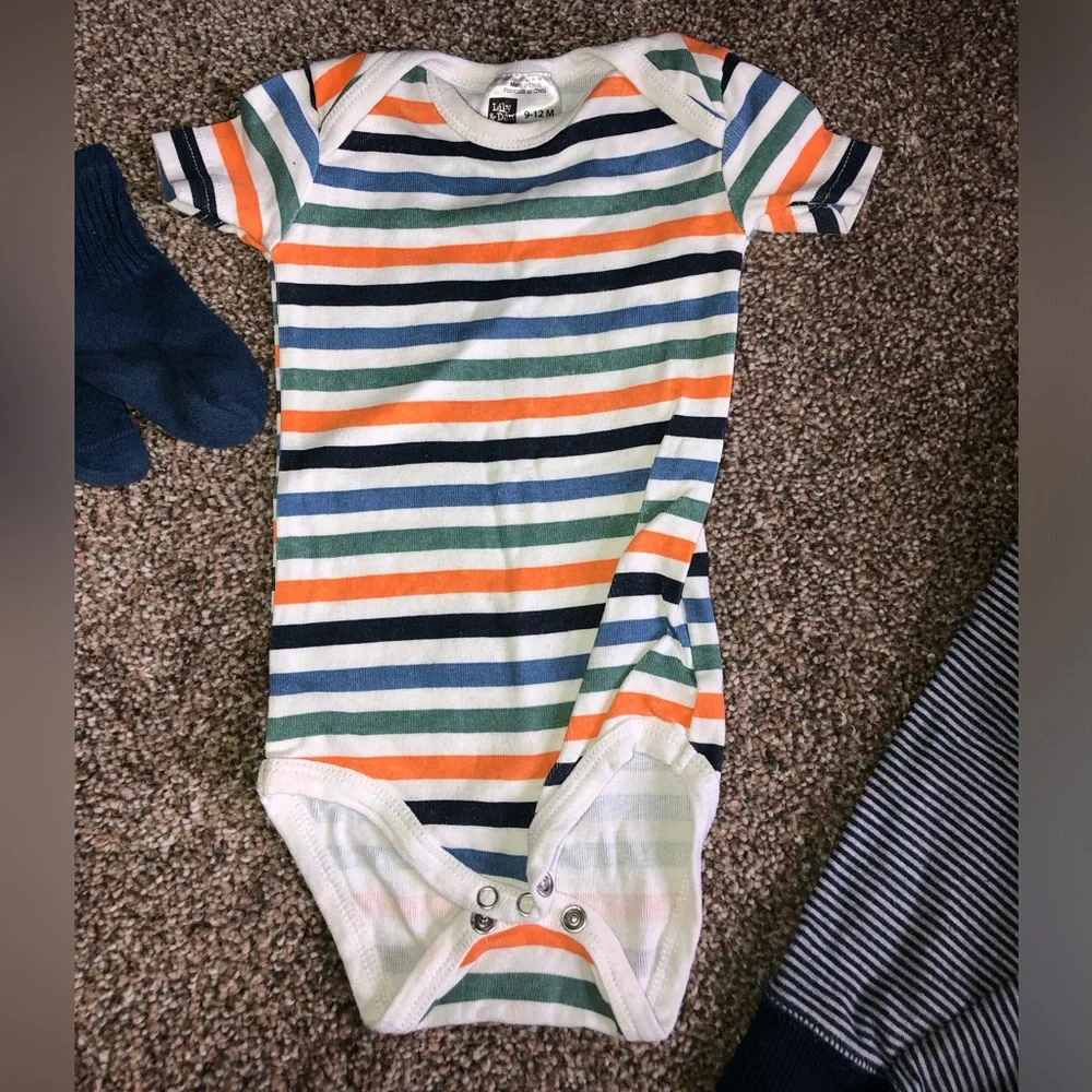Lot of boys clothes Green 'Cute-a-Saurus' & Striped Bib pants shirt sz 9-12 mo